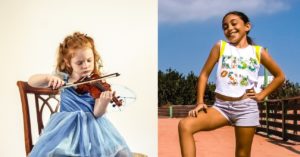 Das linke Mädchen spielt Geige, das rechte Mädchen spielt Fussball